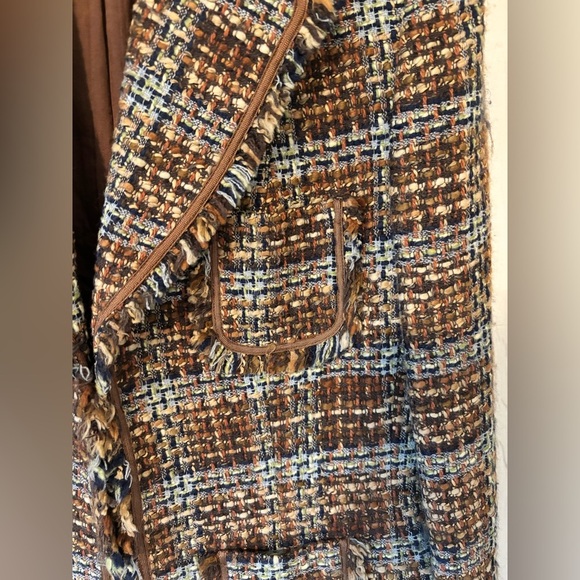 Vintage TAHARI Brown Wool Blend Tweed Plaid Knit Raw Hem Fringe Blazer Jacket - Picture 10 of 12